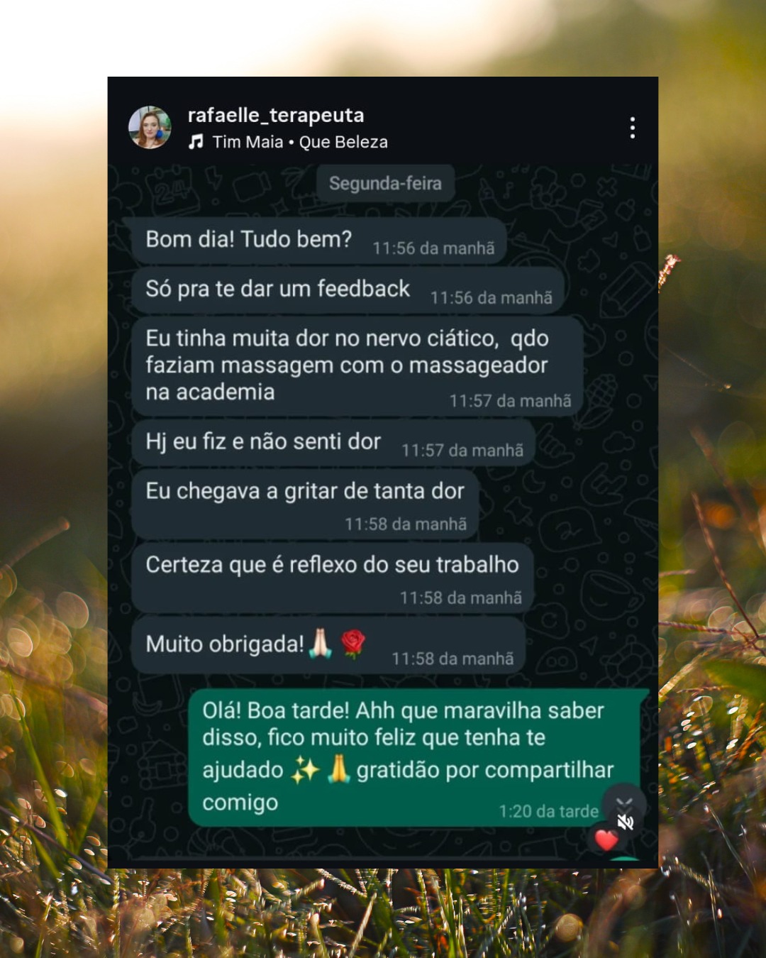 Conversa de cliente com feedback positivo após as sessões